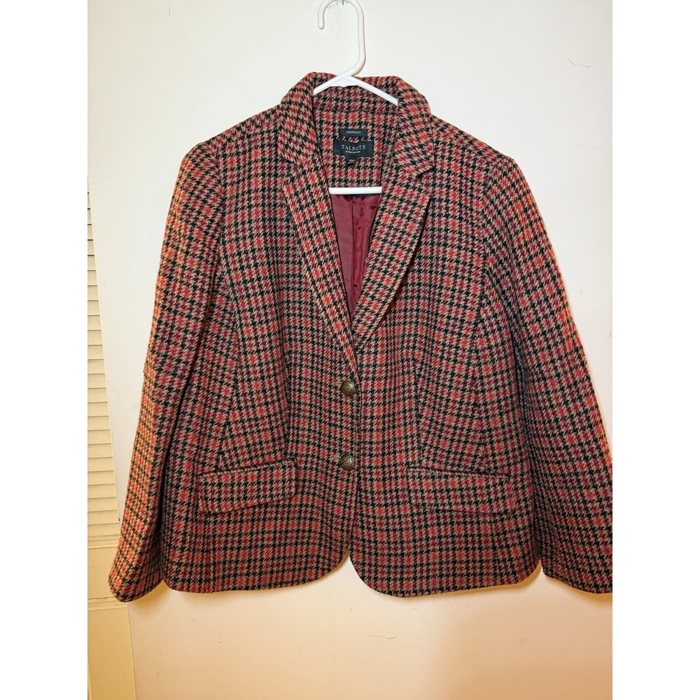 Talbots Aberdeen Blazer Houndstooth Camel Black Red Wool Blend 14 P Career